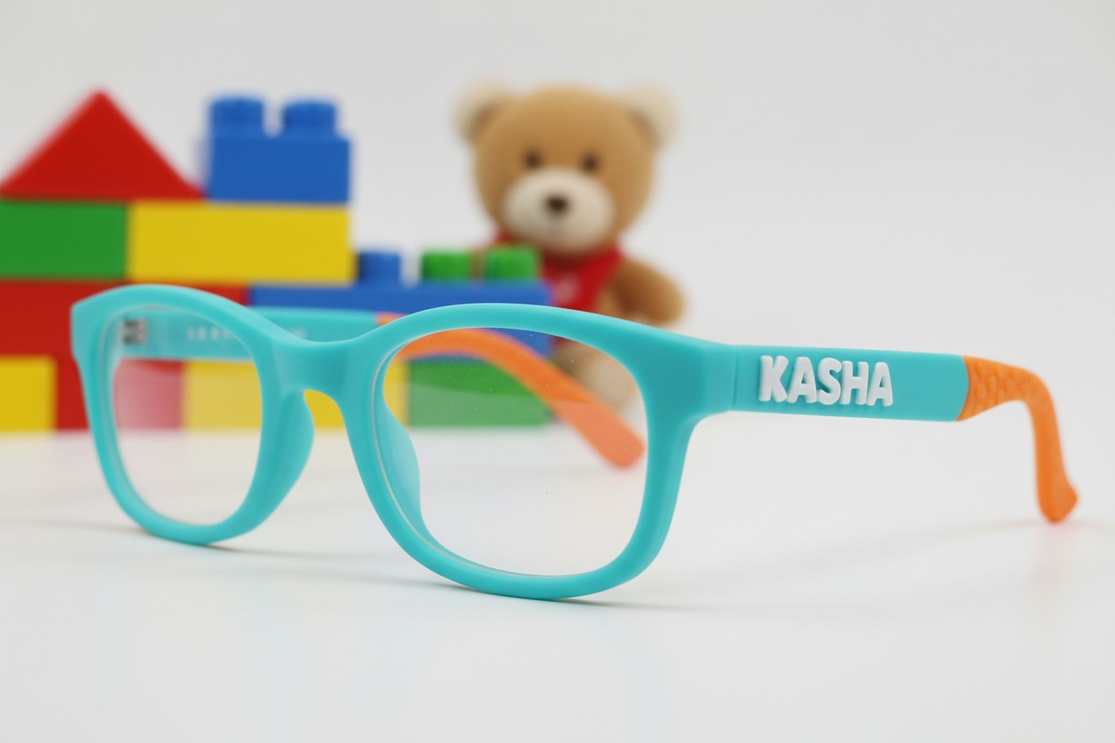 نظارة أطفال باللونين الفيروزي والبرتقالي تحمل اسم "KASHA" على ذراعها، مع وجود مكعبات بناء ودبدوب في الخلفية.
